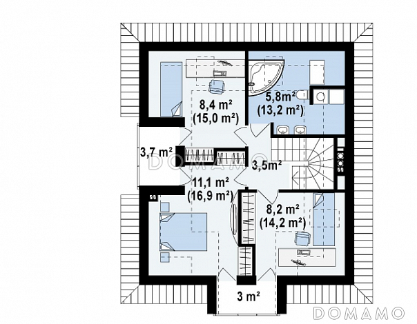 Проект небольшого одноэтажного мансардного дома из газобетона с балконами на фронтоне и частично крытой террасой   / План мансардного этажа