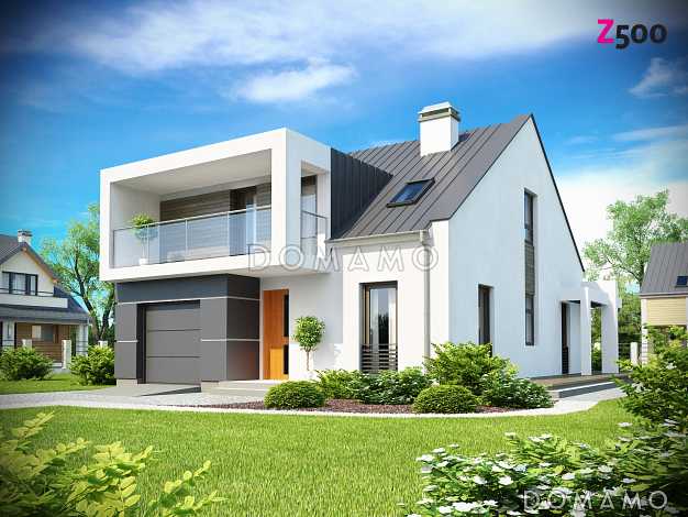 Проект просторного современного одноэтажного дома из газобетона  с мансардой, с двумя балконами в кровле и встроенным гаражом 