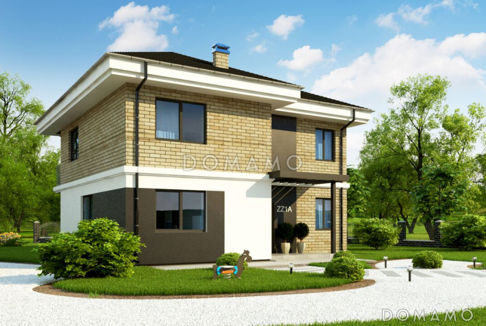 Проект современного двухэтажного дома из кирпича с четырьмя комнатами, большим тех помещением и балконом