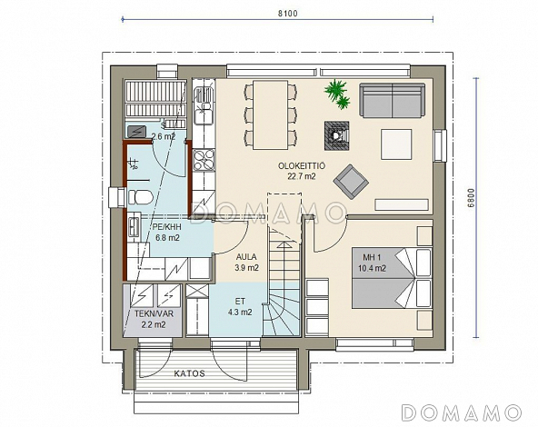 Проект каркасного дома с мансардой / План 1 этажа