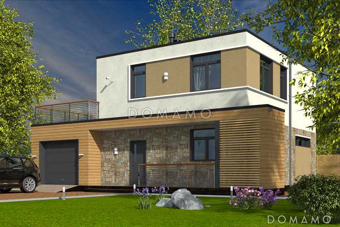 Проект современного дома с гаражом на одну машину, открытой террасой, просторной гостиной, широким балконом над гаражом