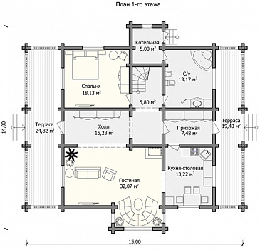 Проект большого дома с двумя просторными террасами / План 1 этажа