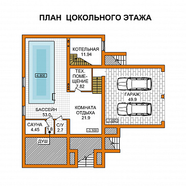 Проект дома из пеноблоков с гаражом и бассейном расположенные на цокольном этаже / План цокольного этажа