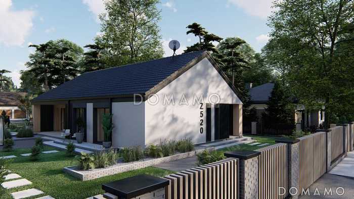 Проект одноэтажного загородного дома с просторной гостиной, кухней с кладовой,  ванной с окном, большой прихожей