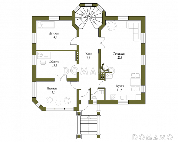 Проект двухэтажного коттеджа с остеклённой верандой / План 1 этажа