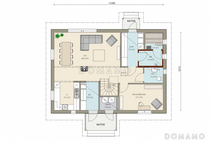 Проект двухэтажного дома с пятью комнатами на втором этаже / План 1 этажа