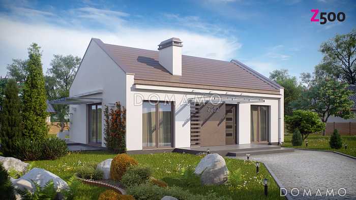 Проект компактного одноэтажного дома из кирпича с двумя спальнями и большой угловой открытой террасой