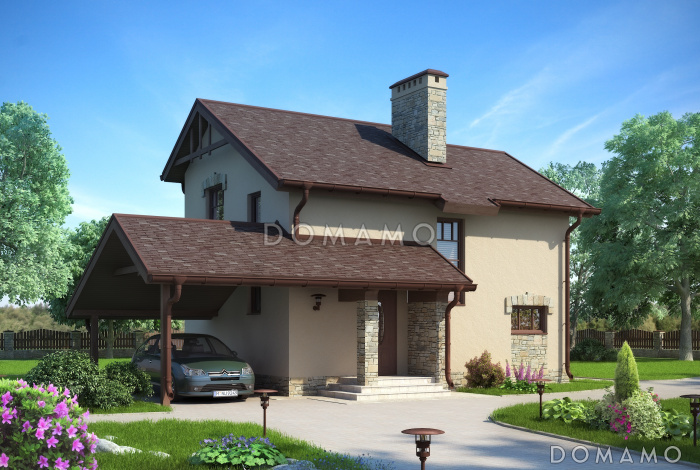 Проект дома с террасой, кухней-столовой с выходом на террасу, санузлом с окном, навесом для автомобиля