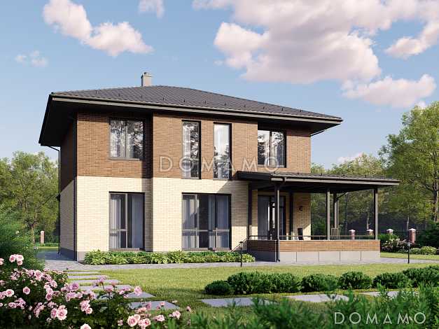 Проект двухэтажного кирпичного дома с мастер-спальней, гостевой внизу и террасой