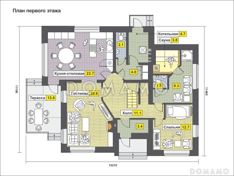Загородный дом с кухней-столовой, сауной, спальней на первом этаже, террасой / План 1 этажа