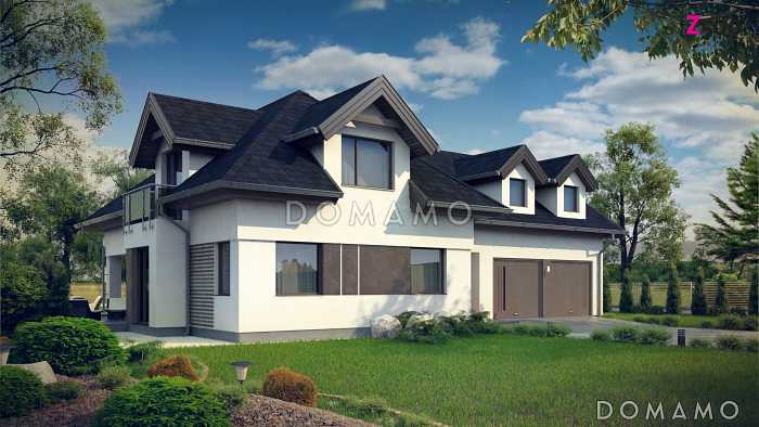 Проект одноэтажного мансардного дома из газобетона с кабинетом, гаражом на два автомобиля и большой мансардной комнатой