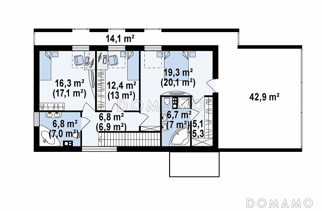 Проект современного двухэтажного дома из газобетона, с тремя спальнями, гаражом и террасой над ним / План 2 этажа