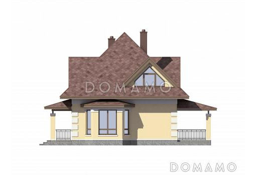 Проект одноэтажного дома из газобетона с мансардой, эркером, гаражом и шатровой ломанной крышей / Фасад 1