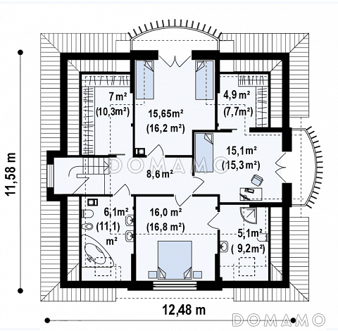 Проект мансардного дома из кирпича с тремя спальнями, кабинетом и красивыми балкончиками / План мансардного этажа