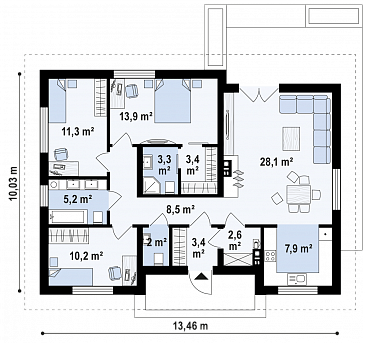 Проект небольшого уютного одноэтажного дома из кирпича с тремя спальнями / План 1 этажа