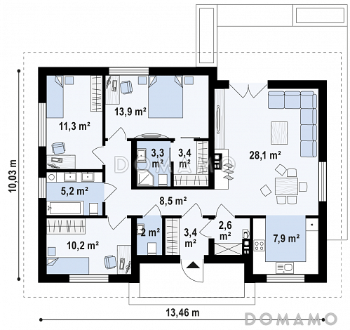 Проект небольшого уютного одноэтажного дома из кирпича с тремя спальнями / План 1 этажа