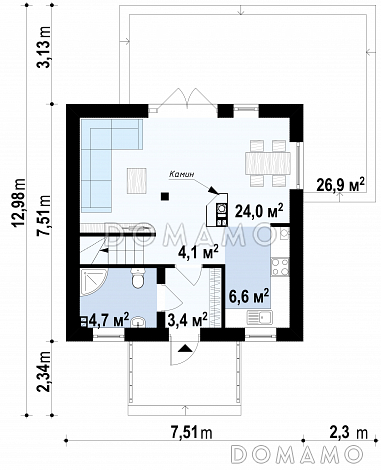 Проект компактного одноэтажного мансардного дома из газобетона с двумя спальнями для строительства на небольшом участке / План 1 этажа