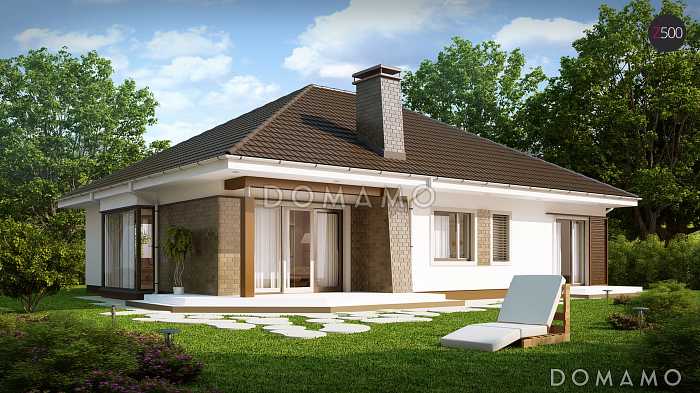 Проект одноэтажного дома из кирпича со стеклянным эркером в столовой зоне, четырьмя спальнями и гаражом