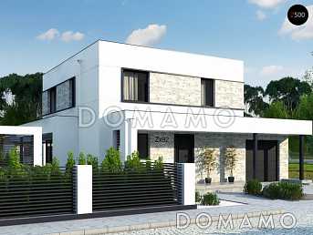 Проект современного двухэтажного дома из газобетона с плоской крышей, четырьмя комнатами, угловым остеклением гостиной и гаражом