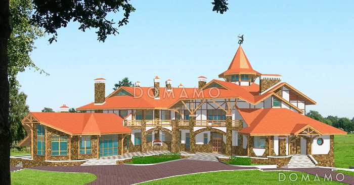 Проект коттеджа с угловой планировкой и бассейном