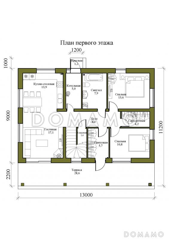 Проект одноэтажного дома с мансардой и просторной крытой террасой / План 1 этажа