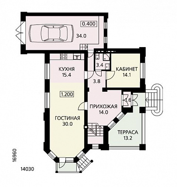 Проект дома с просторной гостиной, небольшой крытой террасой и гаражом / План 1 этажа