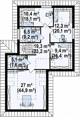 Проект комфортабельного дома с гаражом, постирочной, слуховыми и мансардными окнами в мансарде / План мансардного этажа