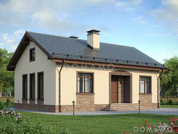 Проект дома по технологии ЛСТК с крыльцом со ступеньками, двумя спальнями, гостиной с кухней-столовой