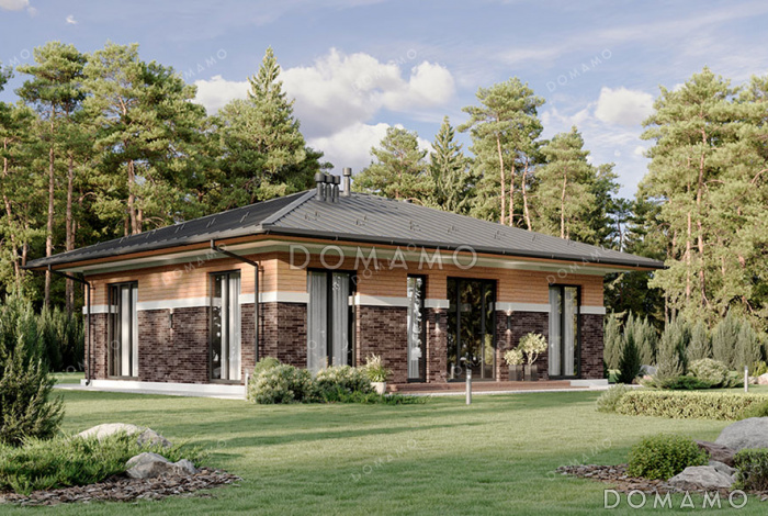 Проект одноэтажного дома с окнами в пол, тремя спальнями и выходом из гостиной в сад