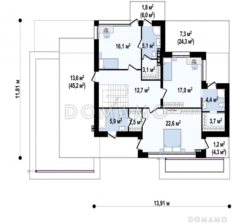 Проект загородного дома с подвалом, гаражом, кладовой в центре кухонной зоны, спальнями с санузлами на втором этаже / План 2 этажа