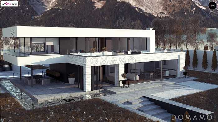 Проект просторного современного двухэтажного дома из кирпича с плоской крышей,  с верандой, гаражом и террасами на обоих этажах