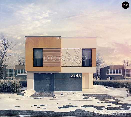 Проект современного двухэтажного дома из кирпича в стиле модерн, с террасой на втором уровне и встроенным гаражом