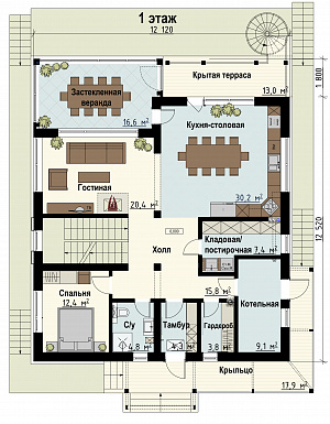 Проект загородного дома в стиле шале с верандой, балконом, сауной, бильярдной / План 1 этажа