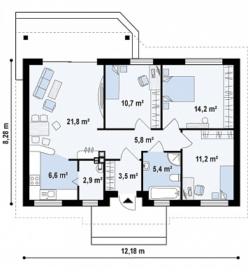 Проект компактного одноэтажного дома из газобетона с острой крышей, с тремя спальнями и небольшой крытой террасой / План 1 этажа