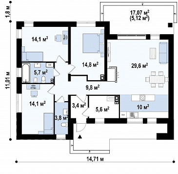 Проект стильного одноэтажного дома с плоской крышей, террасой,  тремя спальнями / План 1 этажа