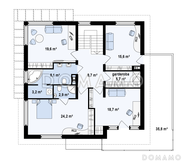 Проект просторного современного двухэтажного дома из газобетона, с пятью комнатами, гаражом и застеклённой террасой над ним / План 2 этажа
