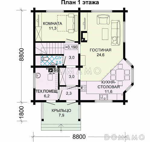 Проект дома из бруса с тремя спальными комнатами на мансардном этаже / План 1 этажа