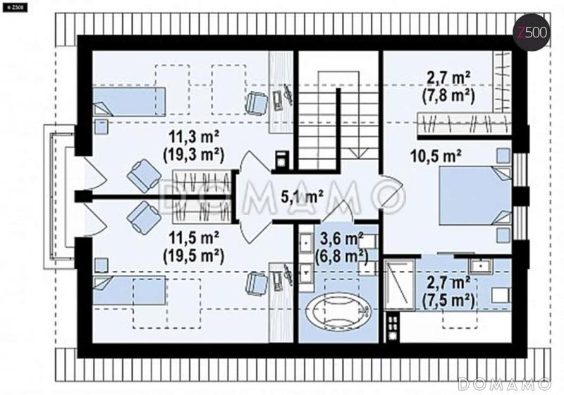 Проект классического мансардного дома из газобетона с дополнительной спальней на первом этаже, с эркером и с деревянными фасадами / План мансардного этажа