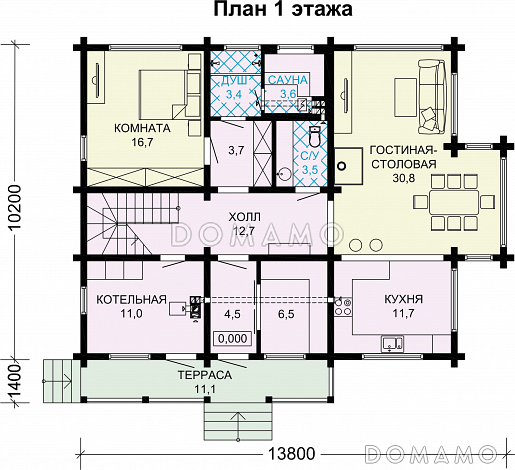 Проект деревянного дома с 4 спальнями и вторым светом в гостиной-столовой / План 1 этажа