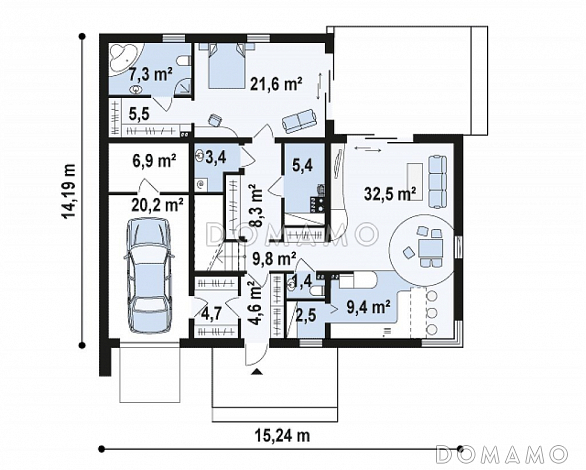 Проект современного двухэтажного дома из кирпича в стиле модерн, с террасой на втором уровне, с гаражом / План 1 этажа