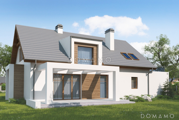 Проект одноэтажного мансардного дома из газобетона с эркером в кухонной зоне, вертикальным мансардным окном и гаражом