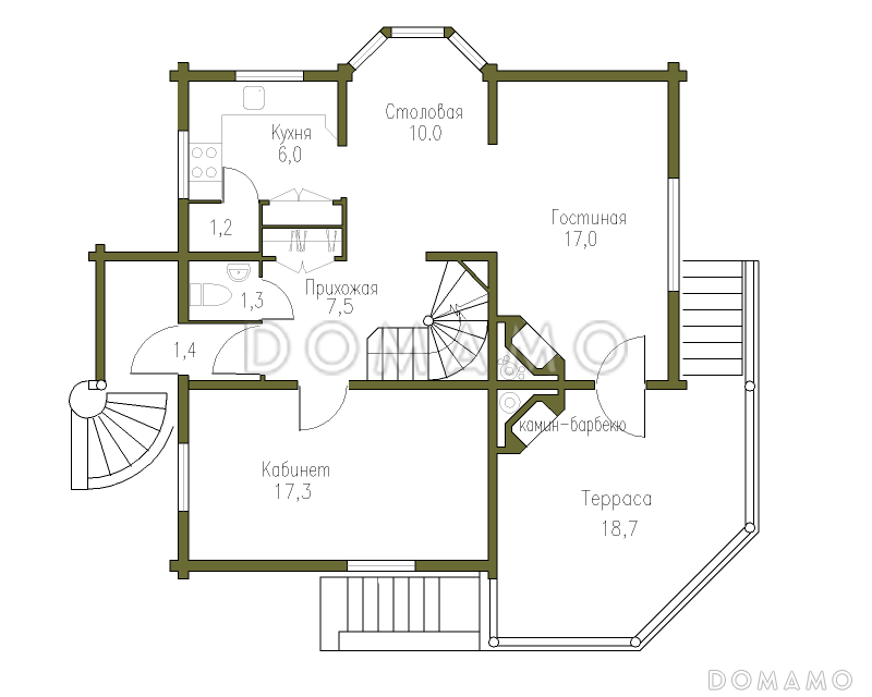 Проект коттеджа из бруса в русском стиле / План 1 этажа