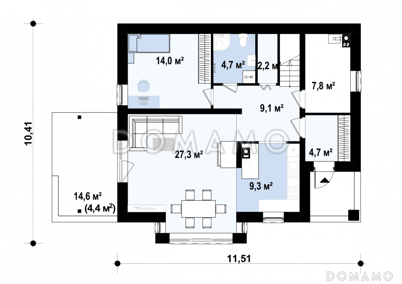 Проект одноэтажного мансардного дома из кирпича с кабинетом на первом этаже / План 1 этажа