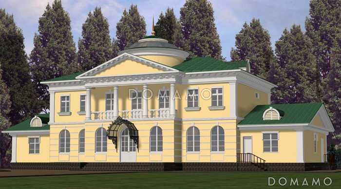 Проект загородного особняка из кирпича с полукруглым эркером