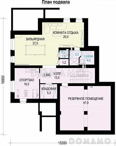 Проект двухэтажного дома из газобетона с подвалом и гаражом на два машиноместа / План цокольного этажа