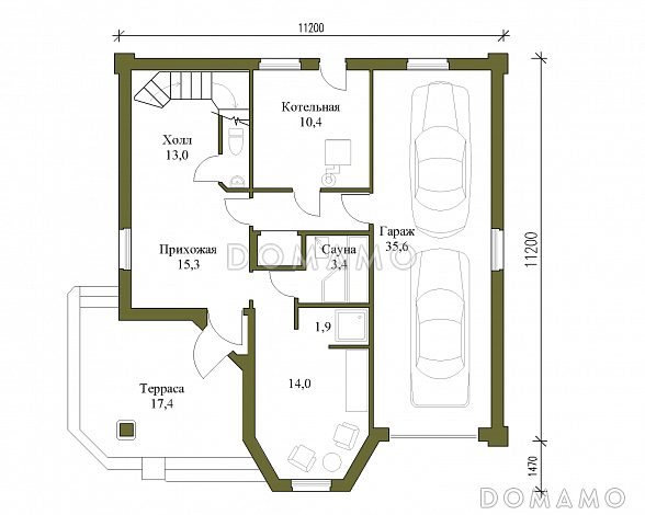 Проект квадратного коттеджа с башенкой / План 1 этажа