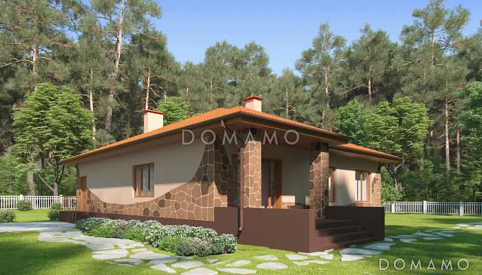 Проект одноэтажного дома с террасой, кладовой в большой кухне-столовой, сауной