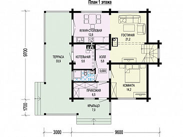 Проект двухэтажного дома из бруса с четырьмя спальнями, кабинетом и крытой террасой / План 1 этажа
