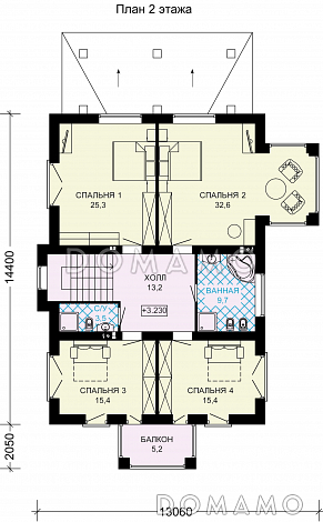 Проект двухэтажного дома из пеноблоков с выходом на террасу из просторной гостиной / План 2 этажа