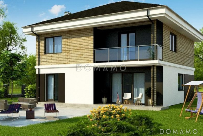 Проект дома с террасой и балконом, кладовыми, просторной ванной с окном на втором этаже